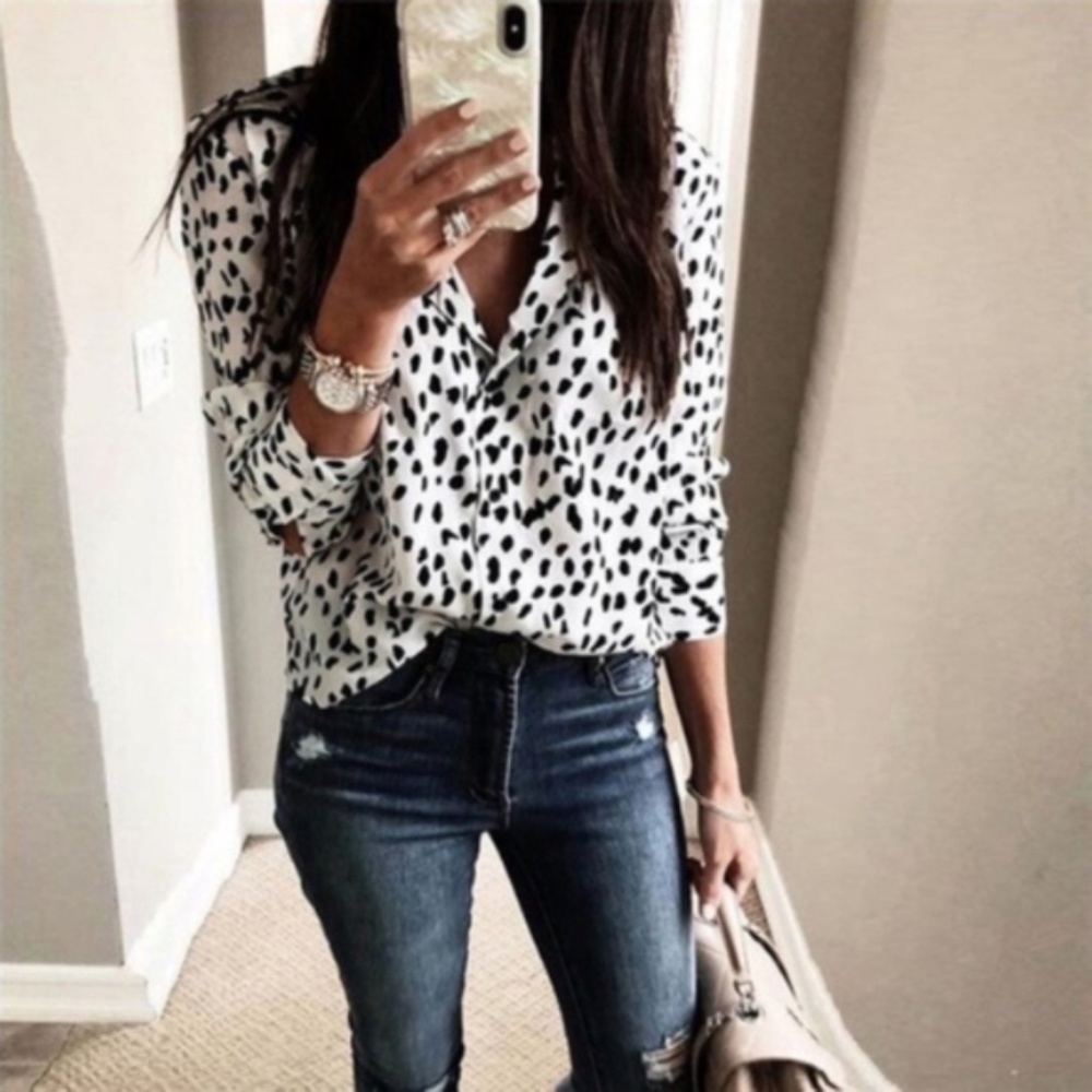 Dalmatian Dot v neck 3/4 sleeve blouse White Boho - Picture 2 of 4